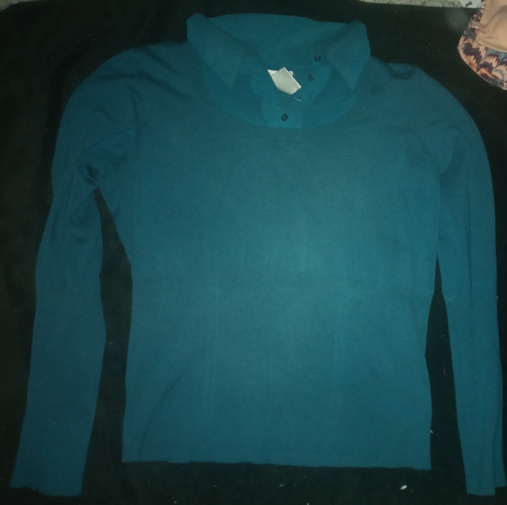 Collared stretch silk blend large teal blue shirt